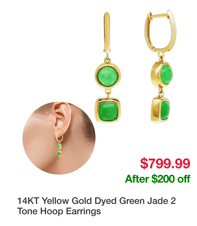 14KT Yellow Gold Dyed Green Jade 2 Tone Hoop Earrings