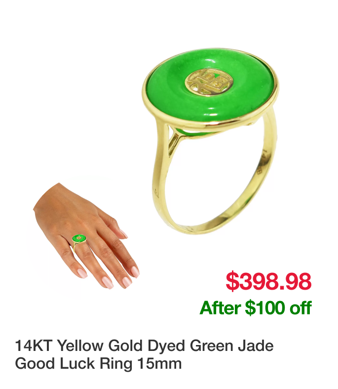 14KT Yellow Gold Dyed Green Jade Good Luck Ring 15mm