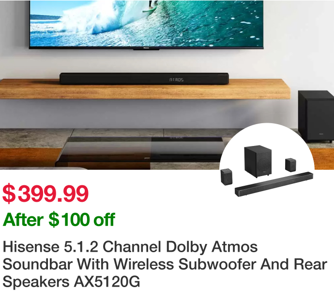 Hisense 5.1.2 Channel Dolby Atmos Soundbar With Wireless Subwoofer And Rear Speakers AX5120G