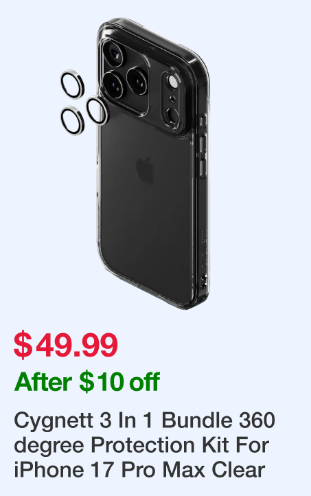 Cygnett 3 In 1 Bundle 360 degree Protection Kit For iPhone 17 Pro Max Clear