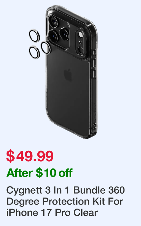 Cygnett 3 In 1 Bundle 360 Degree Protection Kit For iPhone 17 Pro Clear
