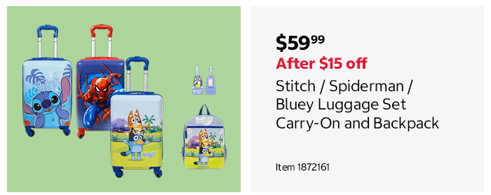 Stitch / Spiderman / Bluey Luggage Set Carry-On and Backpack