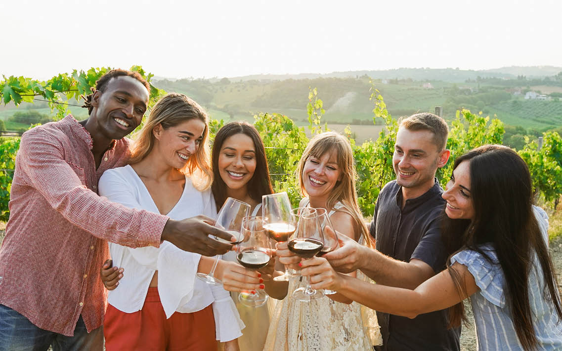 Group of friends in vineyard with wine glasses