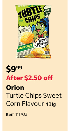 Orion Turtle Chips Sweet Corn Flavour 481g