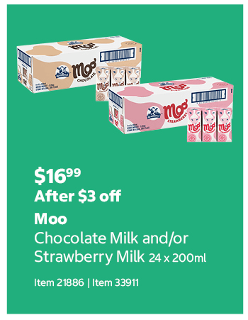 Moo Chocolate Milk and/or Strawberry Milk 24 x 200ml