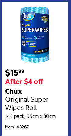 Chux Original Super Wipes Roll 144 pack, 56cm x 30cm
