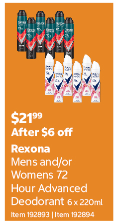 Rexona Mens and/or Womens 72 Hour Advanced Deodorant 6 x 220ml Item 192893 | Item 192894 