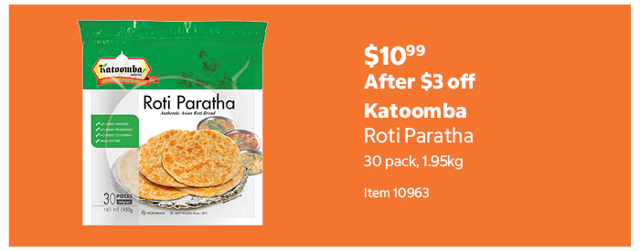 Katoomba Roti Paratha 30 pack, 1.95kg Item 10963