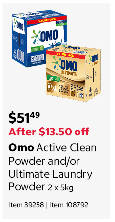 Omo Active Clean Powder and/or Ultimate Laundry Powder 2 x 5kg Item 39258 | Item 108792
