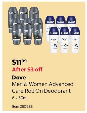 Dove Men & Women Advanced Care Roll On Deodorant 6 x 50ml Item 250988