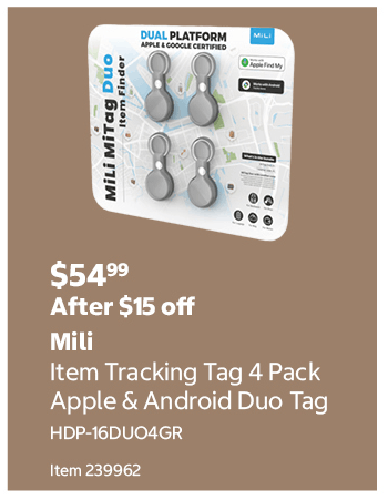 Mili Item Tracking Tag 4 Pack Apple & Android Duo Tag HDP-16DUO4GR Item 239962