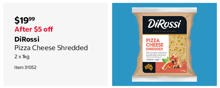 DiRossi Pizza Cheese Shredded 2 x 1kg Item 31052