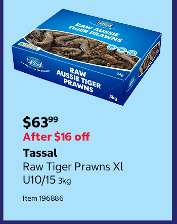 Tassal Raw Tiger Prawns Xl U10/15 3kg Item 196886