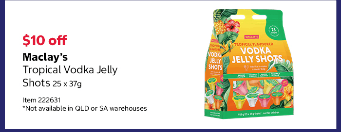Maclay’s Tropical Vodka Jelly Shots 25 x 37g Item 222631 *Not available in QLD or SA warehouses