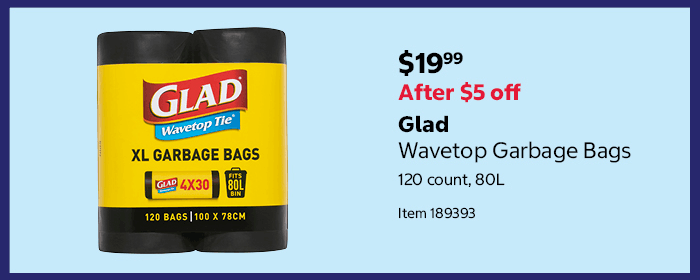 Glad Wavetop Garbage Bags 120 count, 80L Item 189393