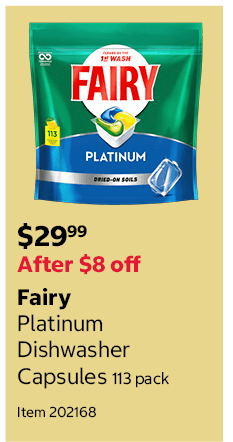 Fairy Platinum Dishwasher Capsules 113 pack Item 202168