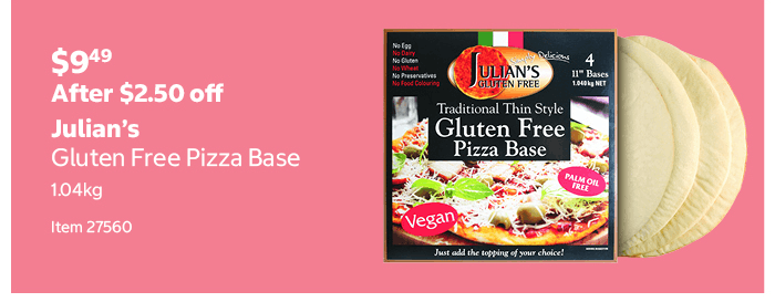Julian’s Gluten Free Pizza Base 1.04kg Item 27560