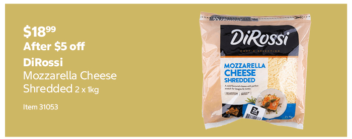 DiRossi Mozzarella Cheese Shredded 2 x 1kg Item 31053