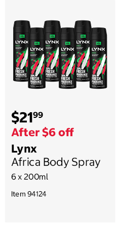 Lynx Africa Body Spray 6 x 200ml Item 94124