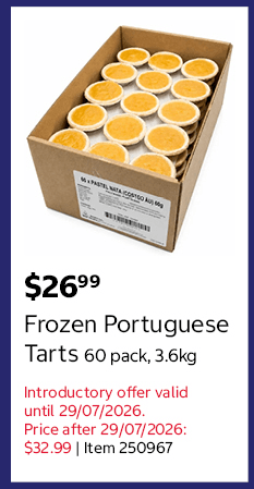 Frozen Portuguese Tarts 60 pack, 3.6kg Item 250967