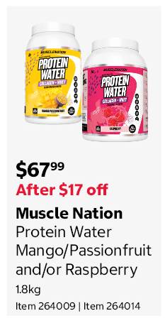Muscle Nation Protein Water Mango/Passionfruit and/or Raspberry 1.8kg Item 264009 | Item 264014
