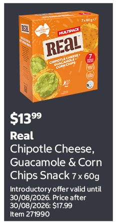 Real Chipotle Cheese, Guacamole & Corn Chips Snack 7 x 60g Introductory offer valid until 30/08/2026. Price after 30/08/2026: $17.99 Item 271990