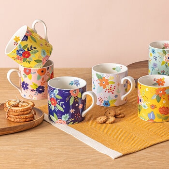 Over&Back Juego de 6 Tazas de Cerámica Florales de 414 mL