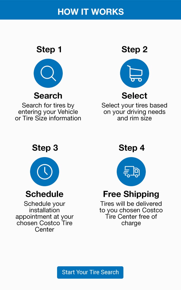 How it WorksStep 1Search - Search for tires by entering your Vehicle or Tire Size informationStep 2 Select - Select your tires based on your driving needs and rim sizeStep 3 Schedule - Schedule your installation appointment at your chosen Costco Tire CenterStep 4 Free Shipping - Tires will be delivered to yout chosen Costco Tire Center free of chargeStart Your Tire Search --Comment ça fonctionneÉtape 1Recherche - Cherchez des pneus en inscrivant le véhicule ou les renseignements sur la taille du pneu.Étape 2Sélection - Sélectionnez des pneus selon vos habitudes de conduite et la taille de la jante.Étape 3Rendez-vous - Fixez un rendez-vous Ouverture d’une boite de dialoguepour l’installation de pneus au Centre du pneu de Costco sélectionné.Étape 4Livraison gratuite - Les pneus seront livrés gratuitement au Centre du pneu de Costco sélectionné.Commencer votre recherche de pneu