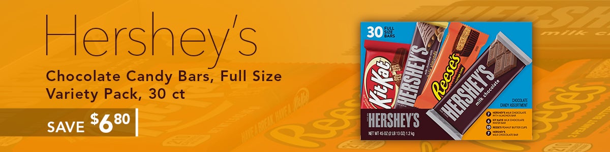 Save $6.80 on Hershey's Chocolate Candy Bars, Full Size, Variety Pack, 30 ct