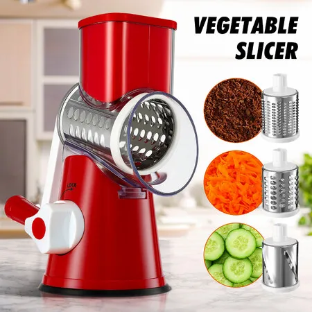 3in1 Vegetable Slicer Rotary Food Potato Mandoline Cheese Grater Drum Fruit Nut Shredder Chopper Cutter Hand Held Manual Kitchen Utensil Cooking Tools