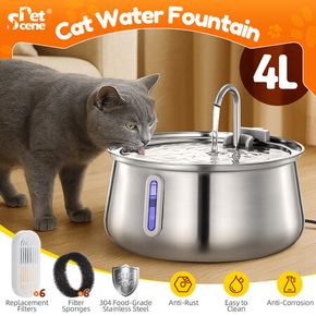 Automatic Cat Water Fountain Stainless Steel Electric LED Pet Dog Feeder Drinking Dispenser 4L Drinker Waterer Filtration System Replacement Filters