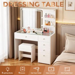 Dressing Table Stool Set Vanity Dresser White Makeup Desk Bedroom Furniture LED Lighted Mirror 3 Lighting Colours 5 Drawers 2 Shelves Glass Tabletop