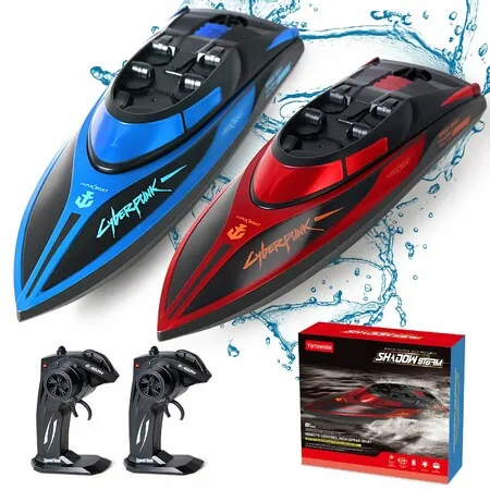 RC Boat for Kids 2Pcs Remote Control Boats Night Glowing Toys Waterproof Rechargable Battery for Pools Lakes Outdoor Play Gifts