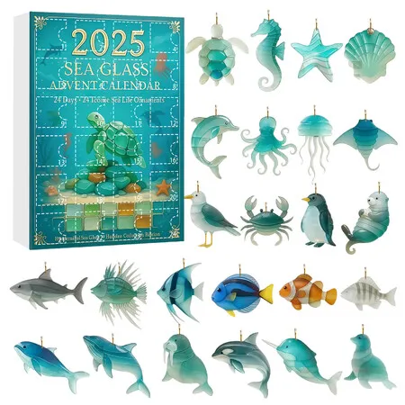 Sea Glass Animals Christmas Advent Calendar,24 Day Christmas Countdown Calendar 2D Sea Glass Marine Animals Christmas Pendant For Christmas Decoration