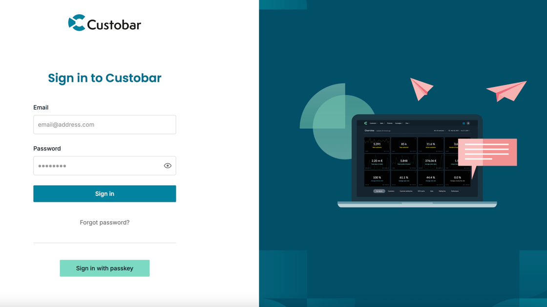 Example of the new Custobar sign-in screen