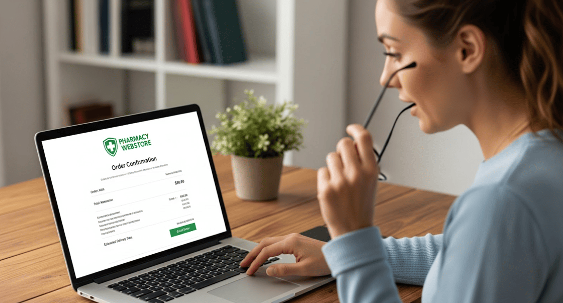 A woman is looking at her laptop screen on which we can see an email order confirmation from a Pharmacy Webstore. An AI-generated photorealistic illustration.
