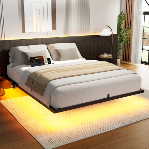 Zoller Floating Bed Frame w/ LED  Charging Station (Queen)