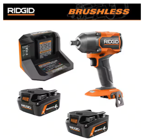 Ridgid 18V Brushless 4-Mode 1/2 Mid-Torque Impact Wrench with 2x 4.0 Ah Max Output Batteries  Charger