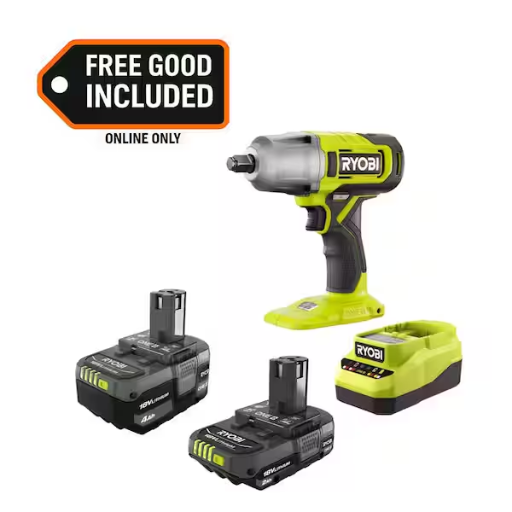 RYOBI ONE+ 18V Lithium-Ion Starter Kit with 2.0 Ah Battery, 4.0 Ah Battery, Charger and FREE ONE+ Cordless 1/2 Impact Wrench