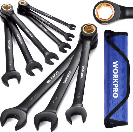 WORKPRO 9pcs Anti-Slip Ratcheting Combination Wrench Set 8-19 mm