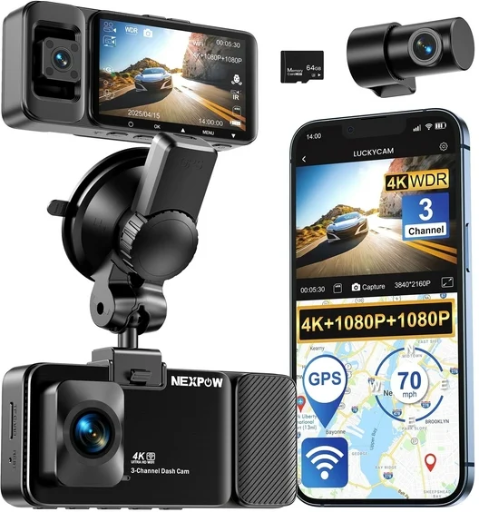 NEXPOW 3 Channel 5G WiFi Dash Cam 4K+1080P+1080P with 64GB Card