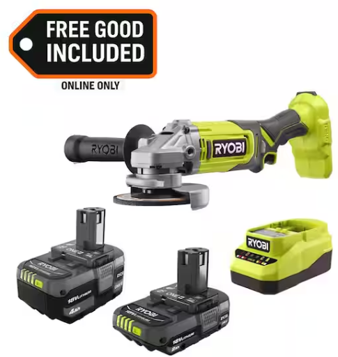 RYOBI ONE+ 18V Lithium-Ion Kit with 2.0 Ah and 4.0 Ah Batteries and 4-1/2 in. Angle Grinder
