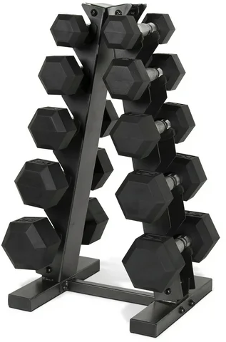 CAP 150 lb Coated Rubber Hex Dumbbell Weight Set with A-Frame Rack