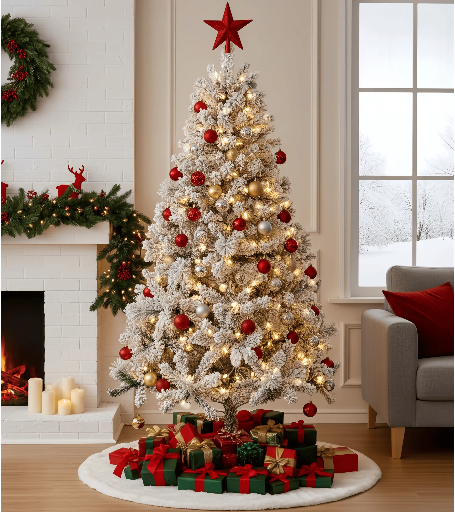 BSHAPPLUS 7.5ft Pre-Lit Snow Flocked Christmas Tree