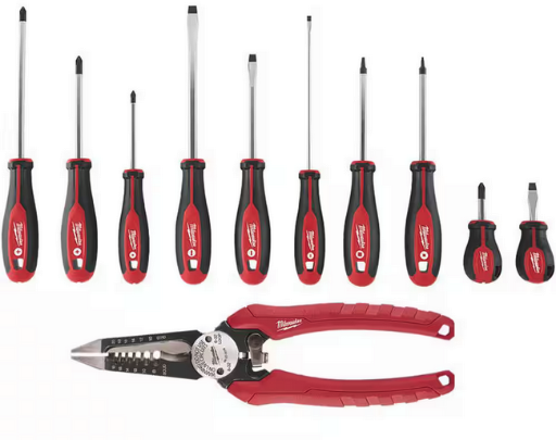 Milwaukee 10-Piece Screwdriver Set with 7.75-inch Combination Electricians 6-in-1 Wire Strippers Pliers