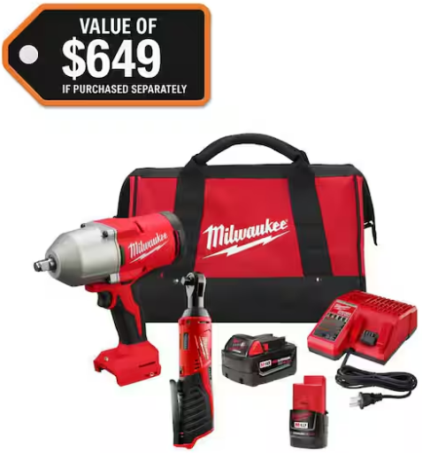 Milwaukee M12/M18 12/18V Lithium-Ion Cordless 3/8 in. Ratchet and 1/2 in. High Torque Impact Wrench with Friction Ring Combo Kit