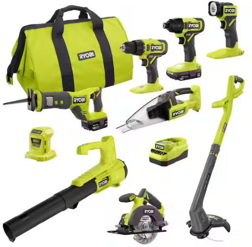 RYOBI ONE+ 18V 9-Tool Cordless Combo Kit with 1.5 Ah Battery and 4.0 Ah Battery