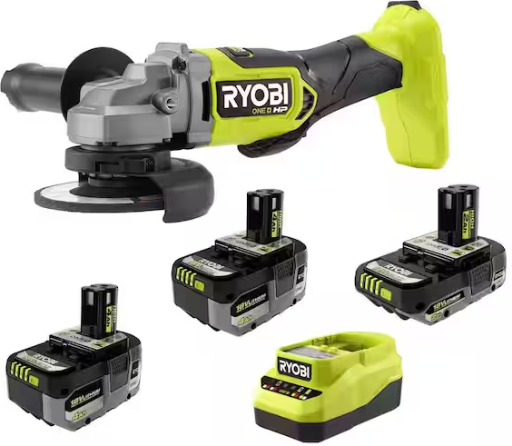 RYOBI ONE+ 18V HIGH PERFORMANCE Kit w/ (2) 4.0 Ah Batteries, 2.0 Ah Battery, Charger,  ONE+ HP 4-1/2 Angle Grinder