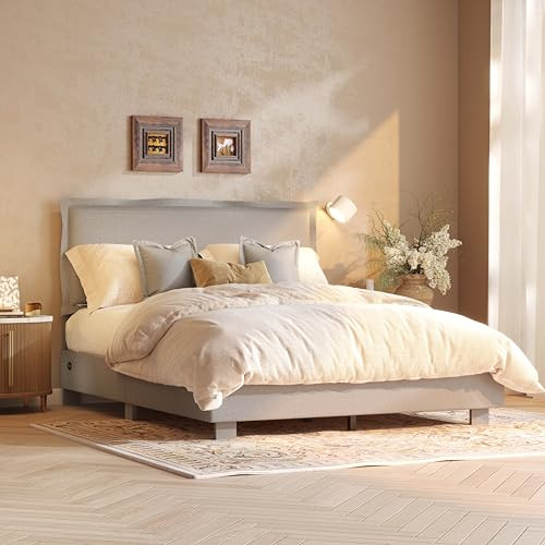 FLEXISPOT Queen Flange Edge Upholstered Platform Bed Frame w/ Adjustable Headboard, Charging Ports  Lamp