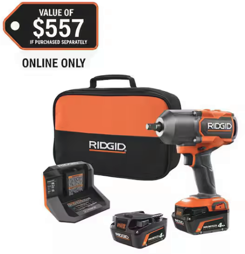 Rigid 18V Brushless 4-Mode 1/2 in. High-Torque Impact Wrench Kit with (2) 4.0 Ah Lithium-Ion Batteries